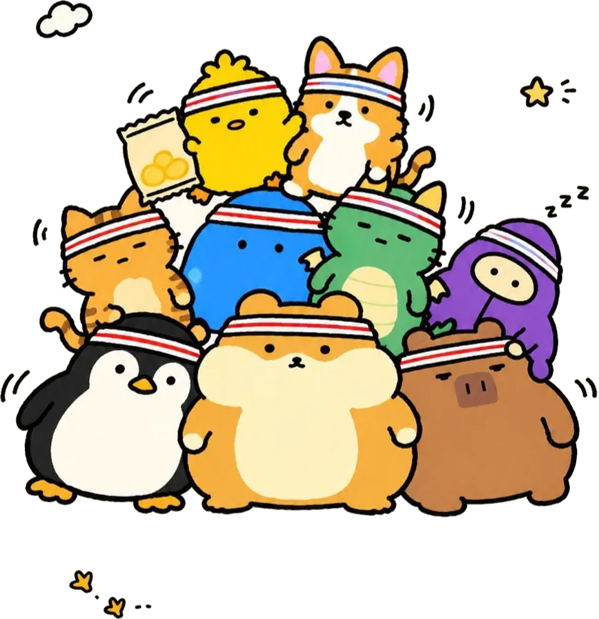 Nine Wobble characters piled together